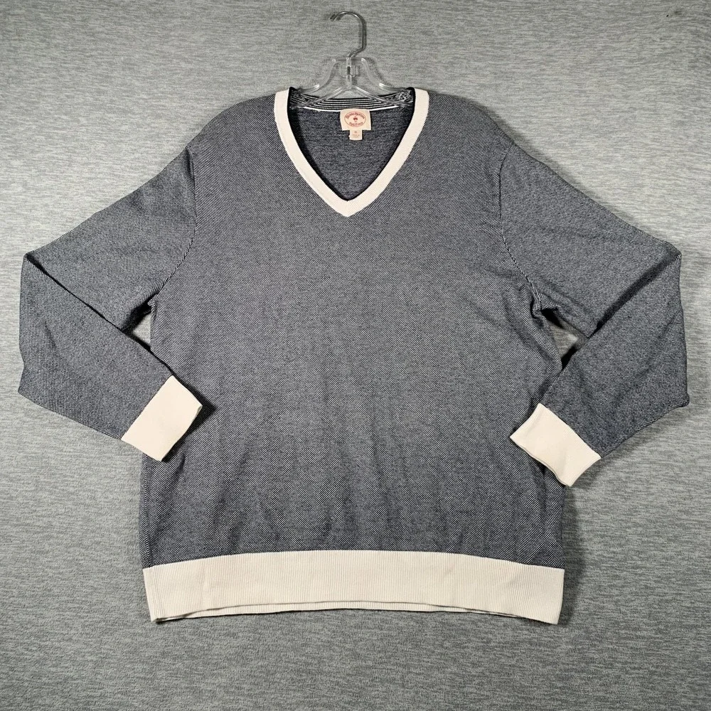 Brooks Brothers Red Fleece Sweater Mens XL Blue‎ Cotton V Neck Knit Pullover